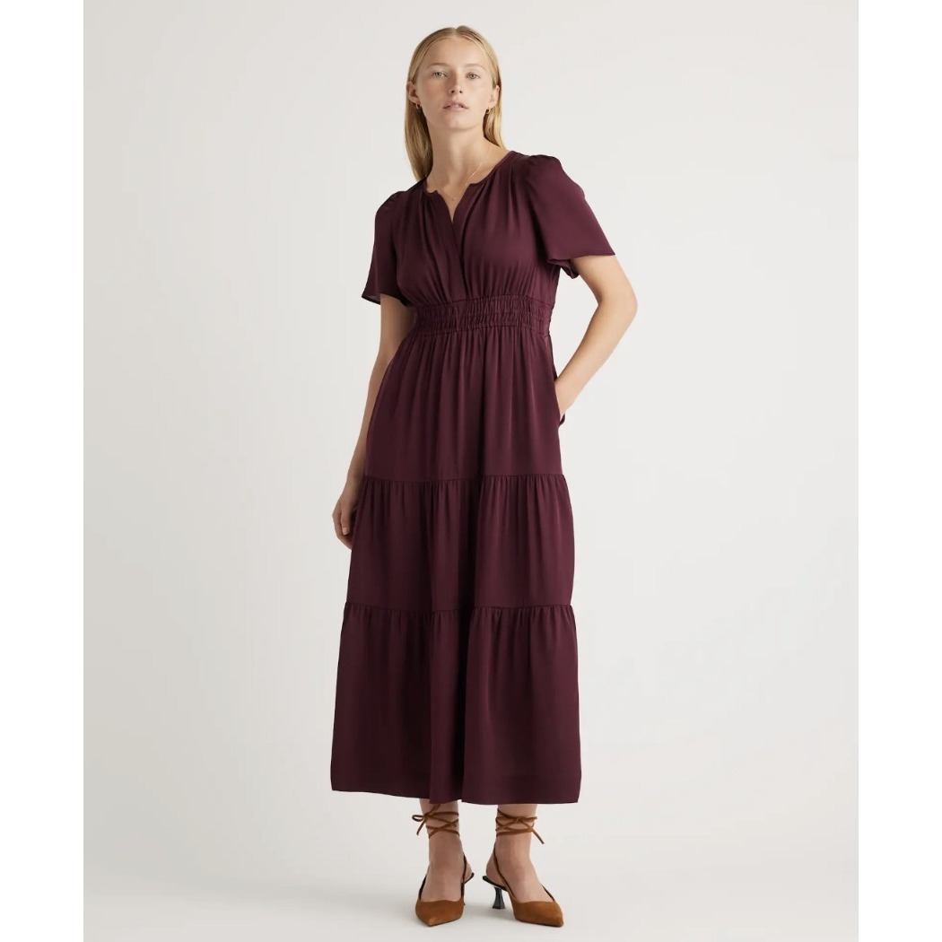 Quince Washable Stretch Silk Tiered Maxi Dress L Wine Tasting Red Event Party